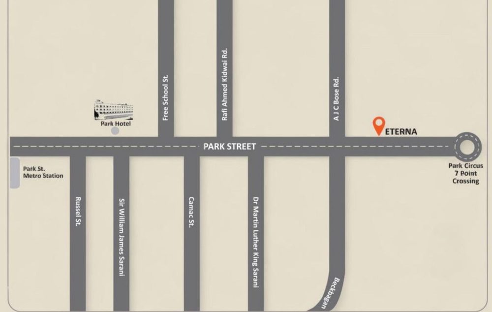 Location map showing Eterna on Park Street near Park Circus 7 Point Crossing